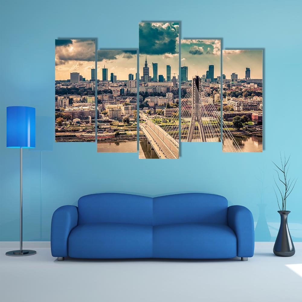 Warsaw Skyline Behind The Bridge Canvas Wall Art-5 Pop-Gallery Wrap-47" x 32"-Tiaracle