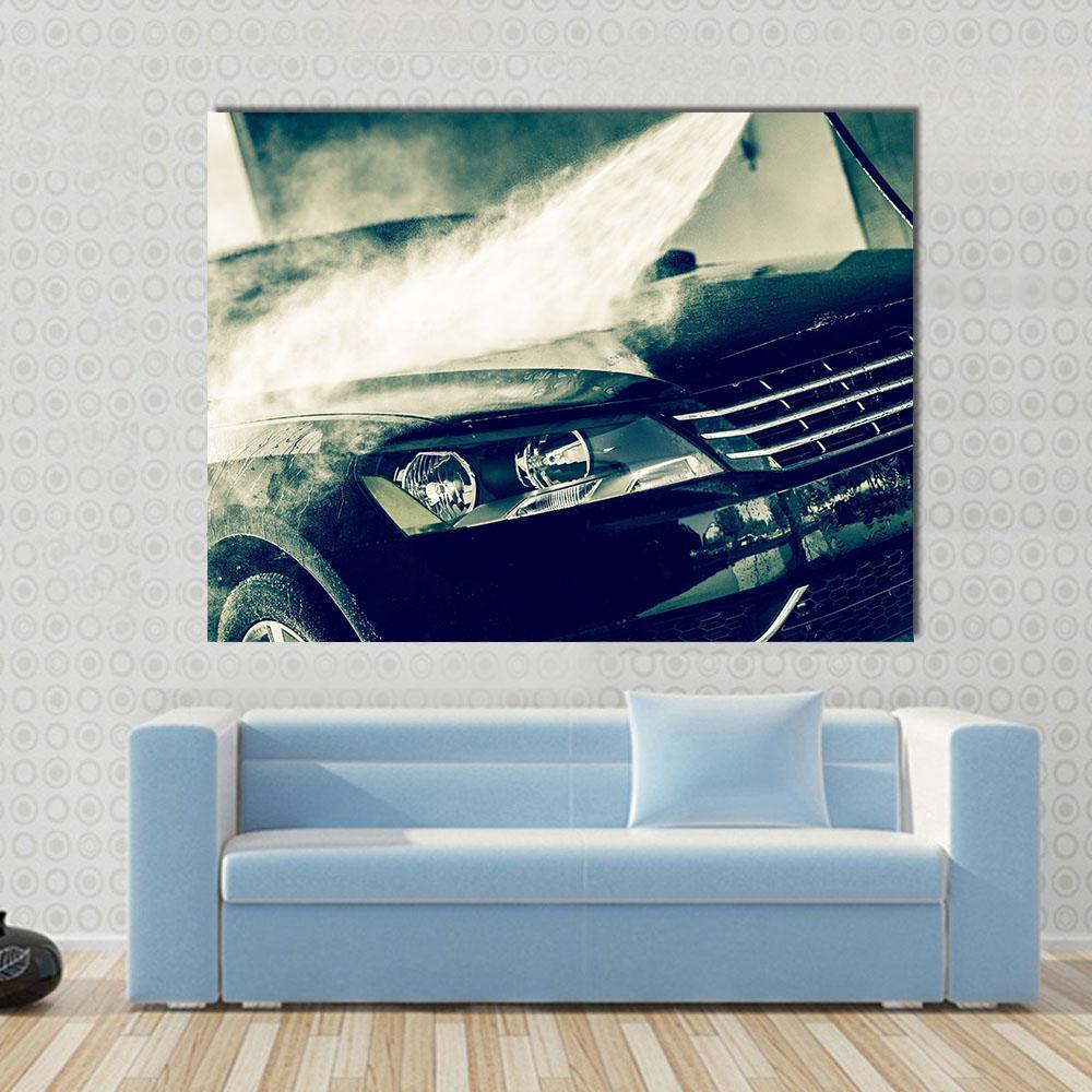 Washing Modern Car Canvas Wall Art in black, white and gray, single panel hung on a wall