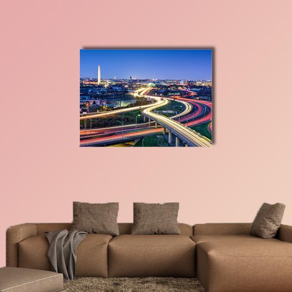 Washington D.c. Skyline with Highways Canvas Wall Art in orange, yellow and blue, single panel hung on a wall