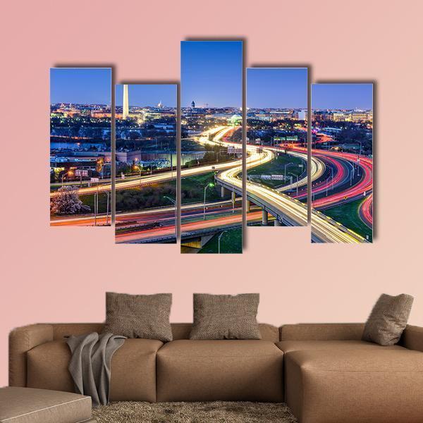 Washington D.C. Skyline With Highways Canvas Wall Art-5 Pop-Gallery Wrap-47" x 32"-Tiaracle