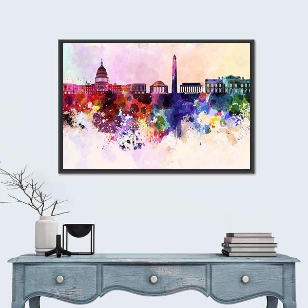 Washington DC Skyline In Watercolor Abstract Canvas Wall Art-1 Piece-Floating Frame-24" x 16"-Tiaracle