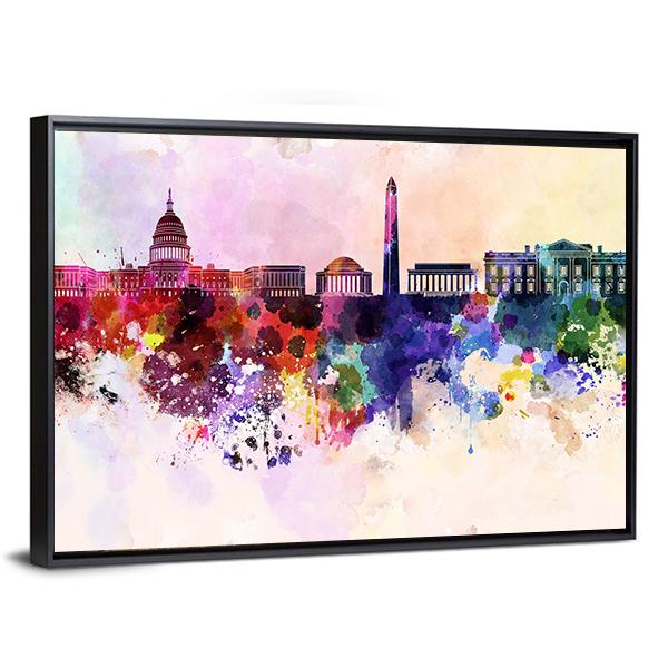 Washington DC Skyline In Watercolor Abstract Canvas Wall Art-3 Horizontal-Gallery Wrap-25" x 16"-Tiaracle
