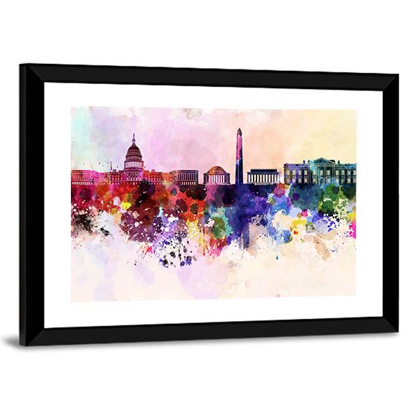 Washington DC Skyline In Watercolor Abstract Canvas Wall Art-3 Horizontal-Gallery Wrap-25" x 16"-Tiaracle