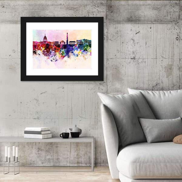 Washington DC Skyline In Watercolor Abstract Canvas Wall Art-3 Horizontal-Gallery Wrap-25" x 16"-Tiaracle
