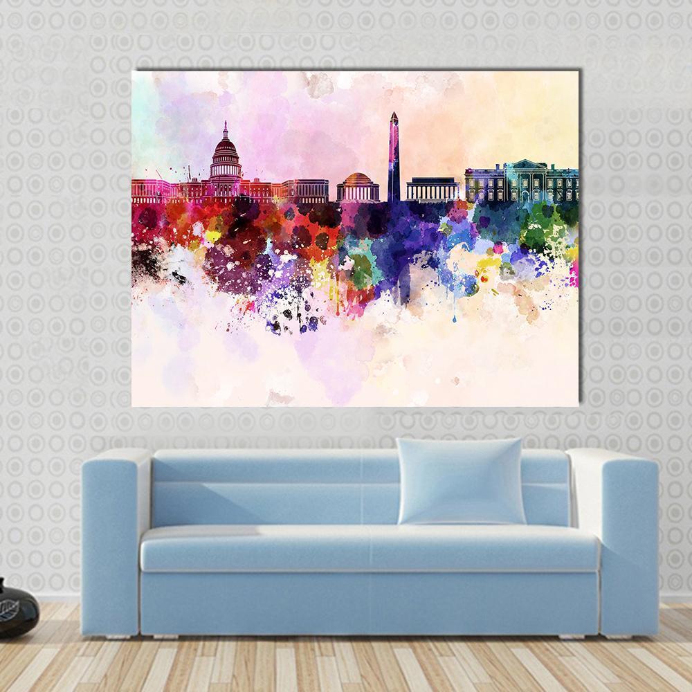 Washington Dc Skyline Watercolor Abstract Canvas Wall Art in purple, pink and multicolor, single panel hung on a wall