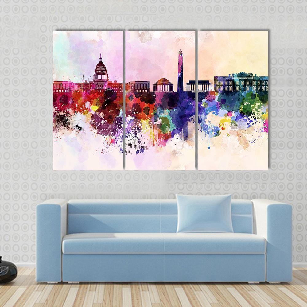 Washington DC Skyline In Watercolor Abstract Canvas Wall Art-3 Horizontal-Gallery Wrap-37" x 24"-Tiaracle