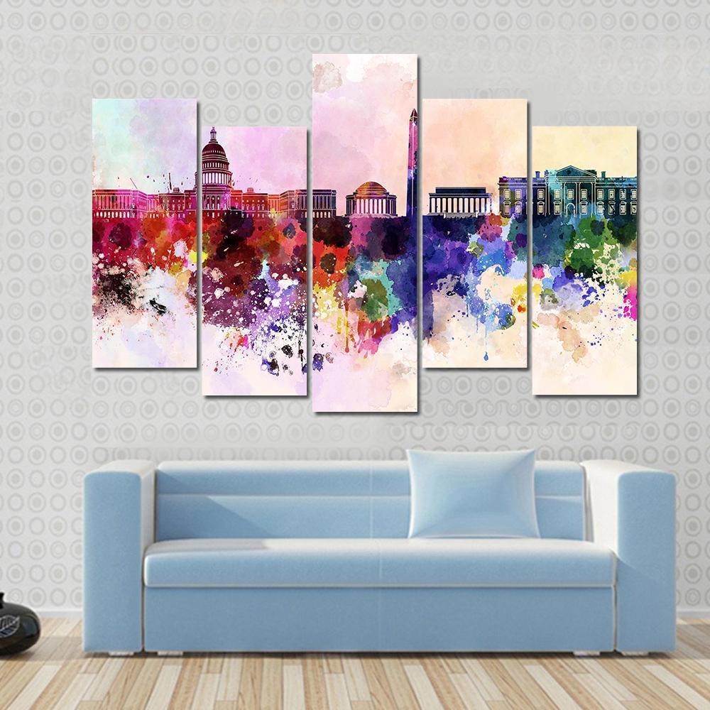 Washington DC Skyline In Watercolor Abstract Canvas Wall Art-5 Pop-Gallery Wrap-47&quot; x 32&quot;-Tiaracle