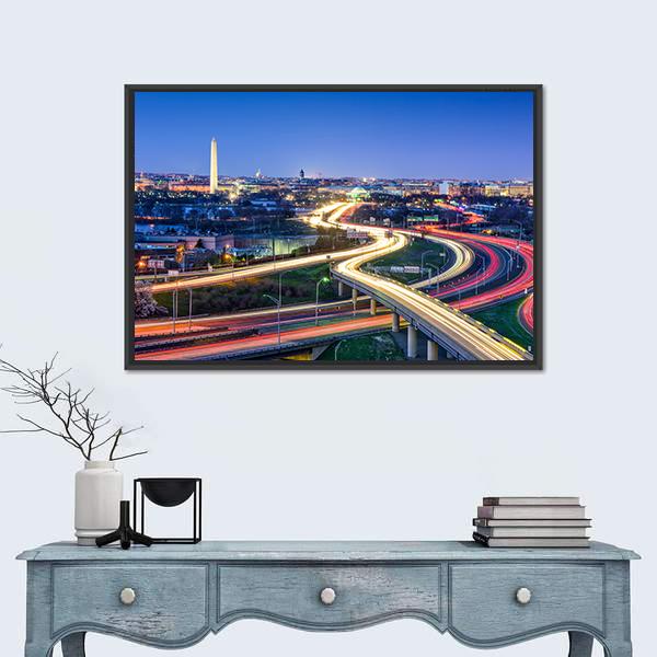 Washington D.c. Skyline with Highways Canvas Wall Art in orange, yellow and blue, framed canvas, product view on a white background