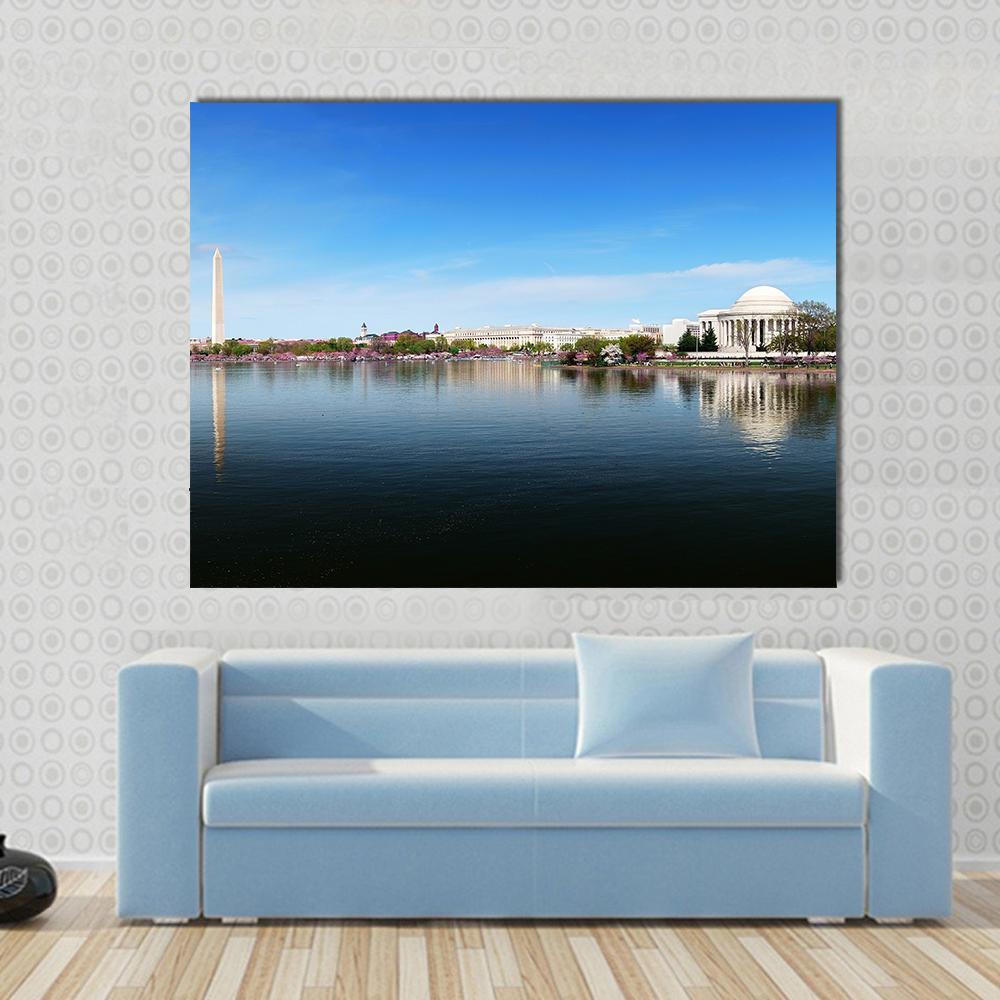 Washington Monument and Jefferson Memorial Canvas Wall Art in white and blue, single panel hung on a wall