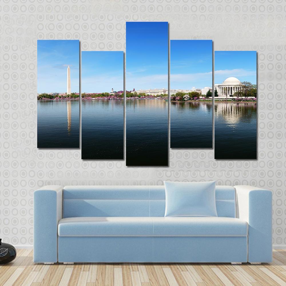 Washington Monument and Thomas Jefferson Memorial Canvas Wall Art-5 Pop-Gallery Wrap-47" x 32"-Tiaracle