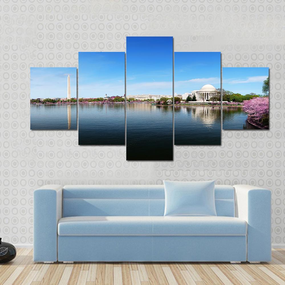 Washington Monument and Thomas Jefferson Memorial Canvas Wall Art-5 Star-Gallery Wrap-62" x 32"-Tiaracle