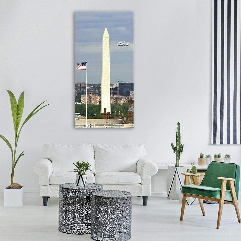 Washington Monument with Flag and Airplane Vertical Canvas Wall Art in white, gray and blue, single vertical panel hung on a wall