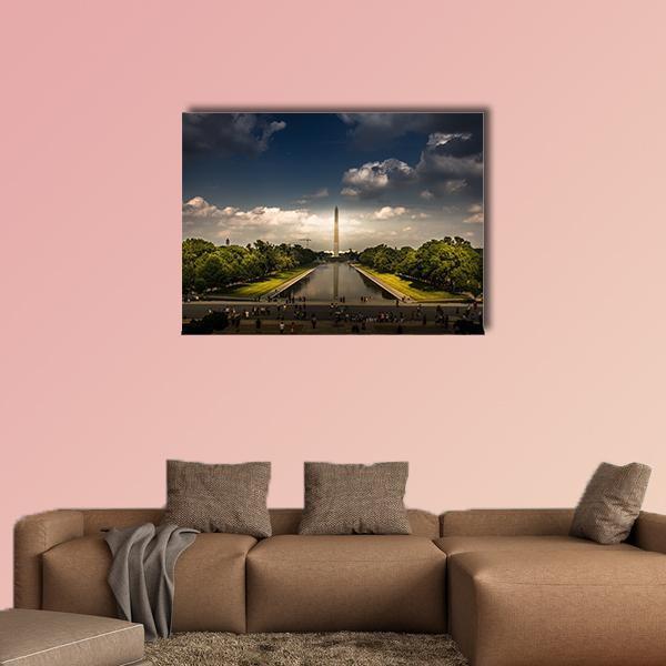 Washington Monument and Reflecting Pool Canvas Wall Art in gray, green and blue, single panel hung on a wall