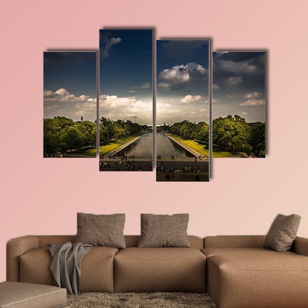 Washington Monument With The Mirror Lake Canvas Wall Art-4 Pop-Gallery Wrap-50" x 32"-Tiaracle