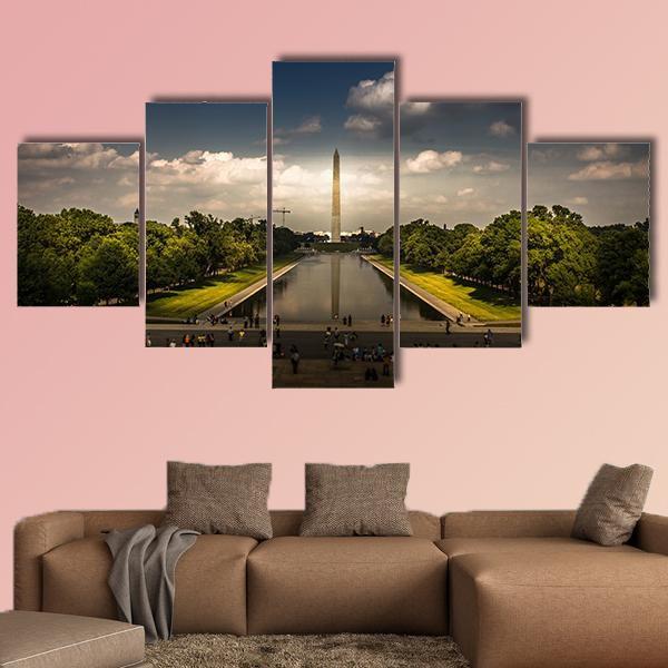 Washington Monument With The Mirror Lake Canvas Wall Art-5 Star-Gallery Wrap-62" x 32"-Tiaracle