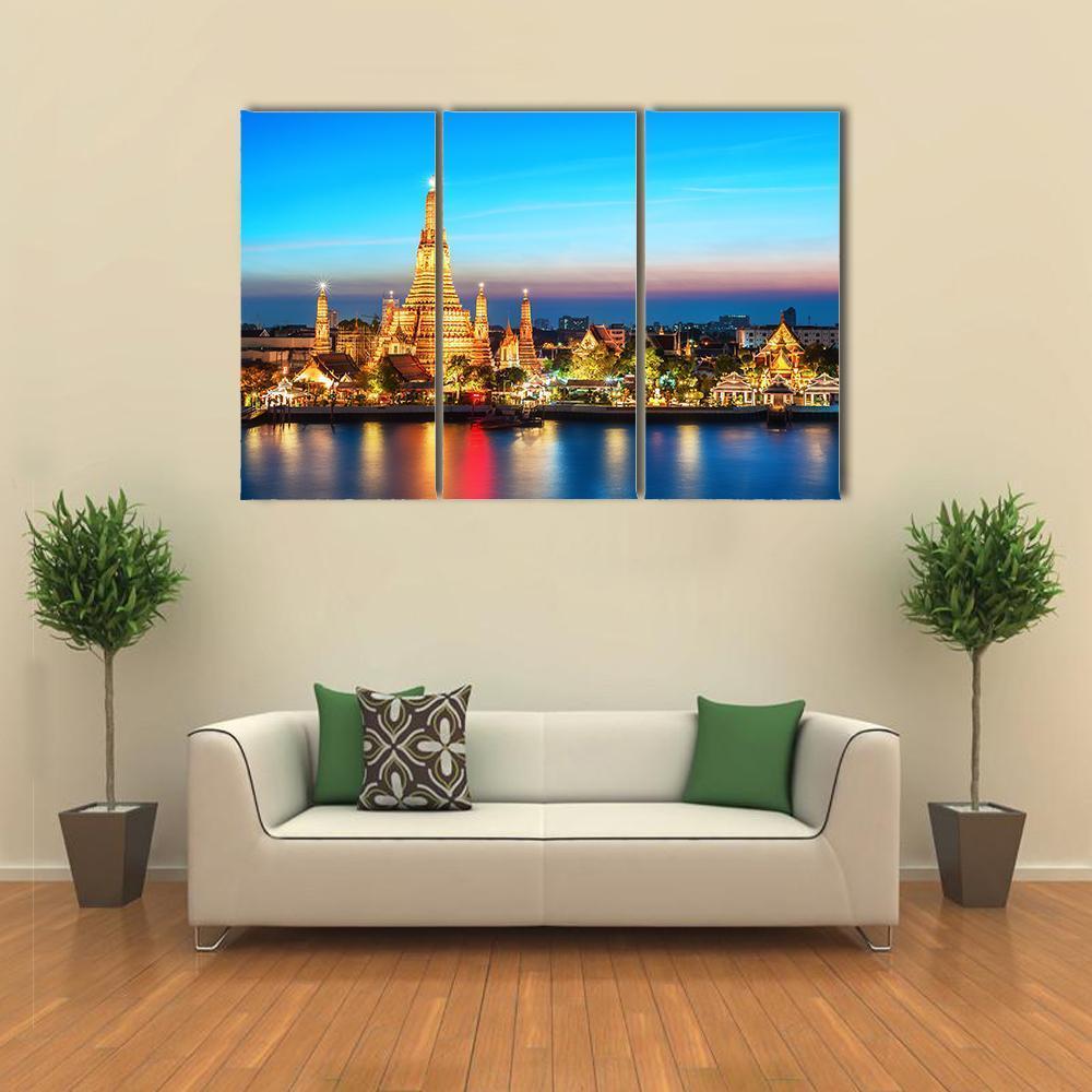 Wat Arun Night View Canvas Wall Art-3 Horizontal-Gallery Wrap-37" x 24"-Tiaracle