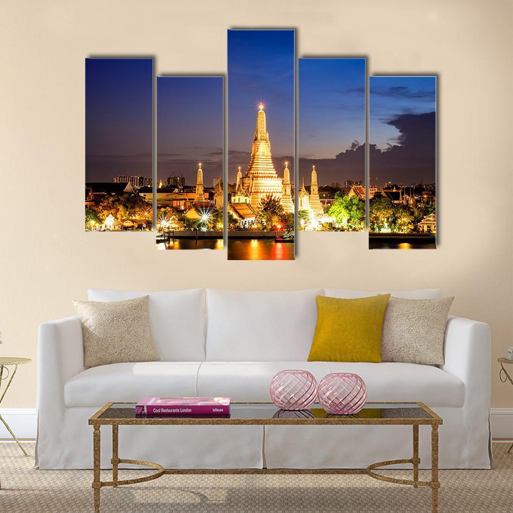 Wat Arun Temple In Bangkok Canvas Wall Art-5 Pop-Gallery Wrap-47" x 32"-Tiaracle