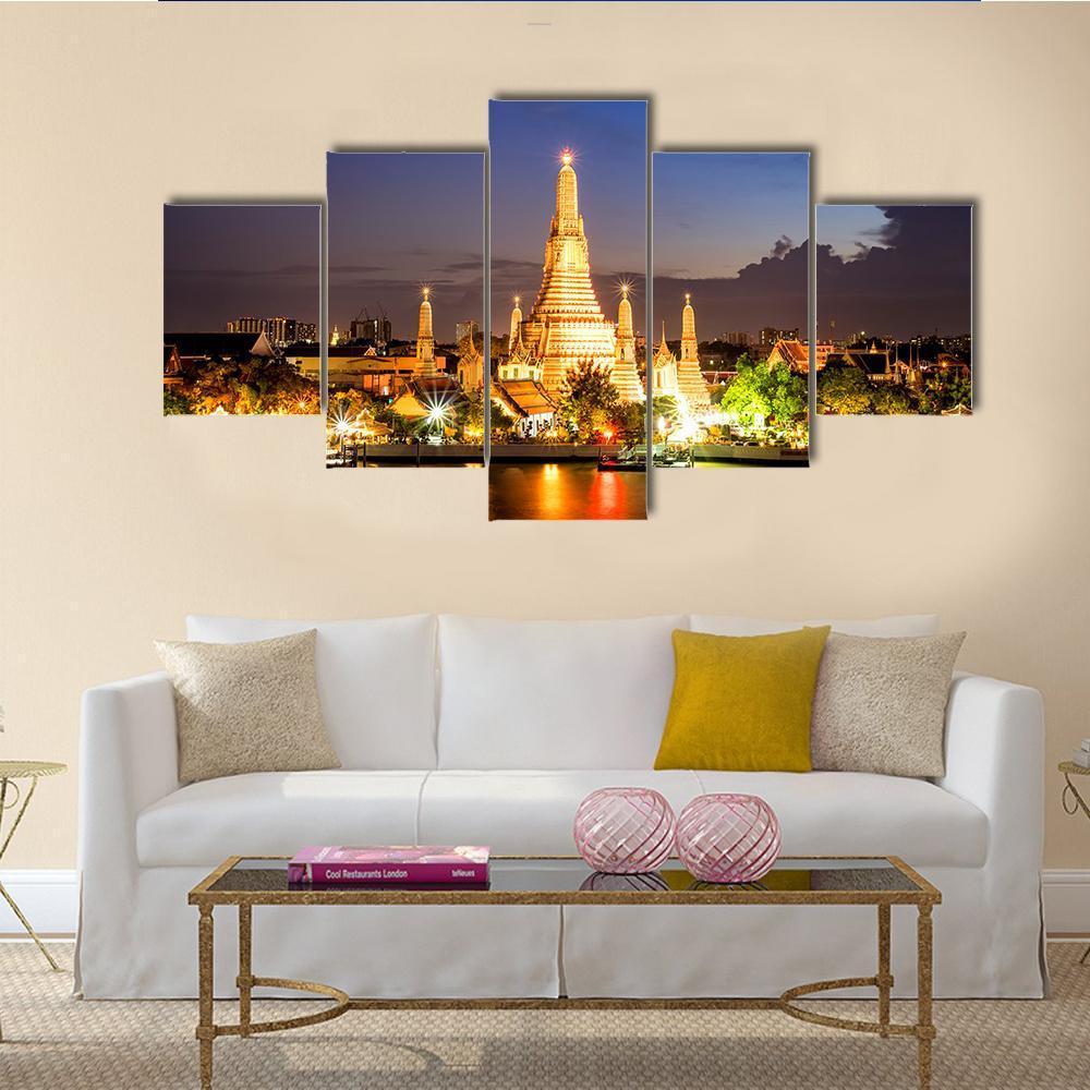 Wat Arun Temple In Bangkok Canvas Wall Art-5 Star-Gallery Wrap-62" x 32"-Tiaracle