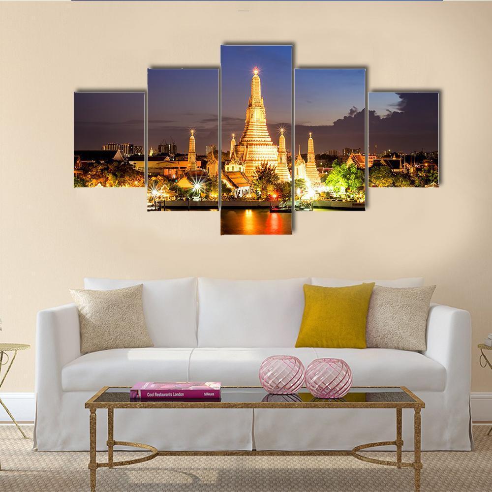 Wat Arun Temple In Bangkok Canvas Wall Art-5 Star-Gallery Wrap-62" x 32"-Tiaracle