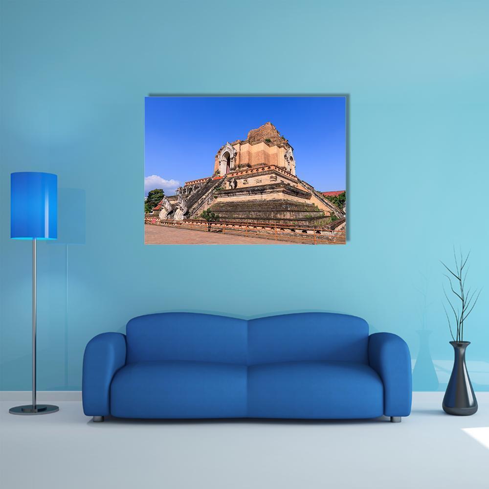 Wat Chedi Luang Temple, Chiang Mai Canvas Wall Art in beige, brown and blue, single panel hung on a wall