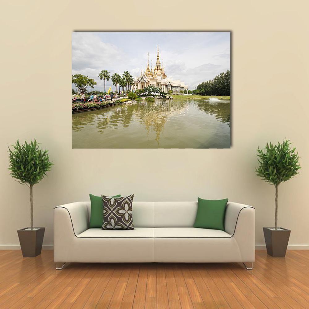 Wat Non Kum Temple Reflection Canvas Wall Art in white, beige and green, single panel hung on a wall