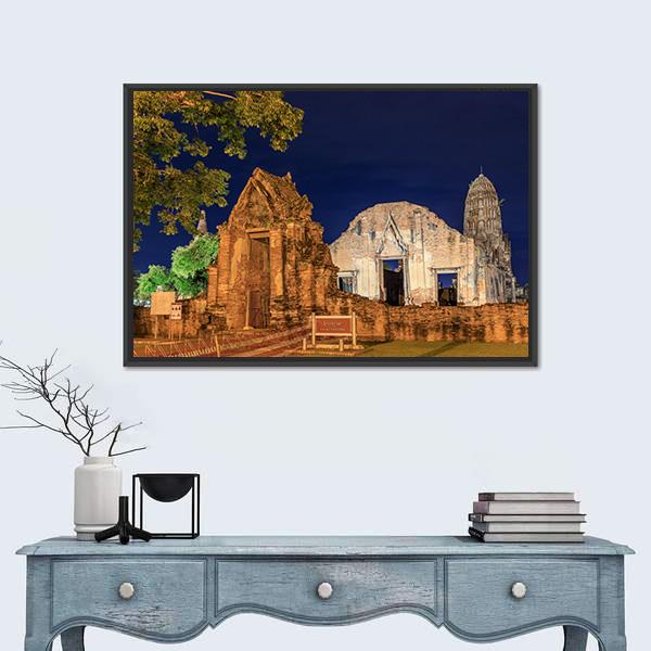 Wat Ratburana Temple At Night In Thailand Canvas Wall Art-1 Piece-Floating Frame-24" x 16"-Tiaracle