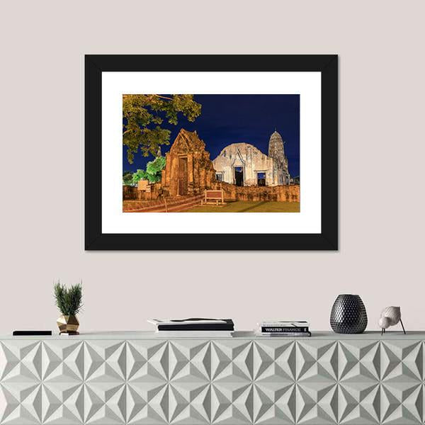 Wat Ratburana Temple At Night In Thailand Canvas Wall Art-1 Piece-Framed Print-20" x 16"-Tiaracle