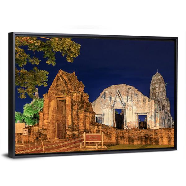 Wat Ratburana Temple At Night In Thailand Canvas Wall Art-3 Horizontal-Gallery Wrap-25" x 16"-Tiaracle