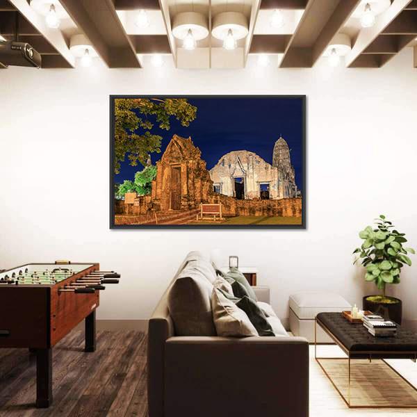 Wat Ratburana Temple At Night In Thailand Canvas Wall Art-3 Horizontal-Gallery Wrap-25" x 16"-Tiaracle