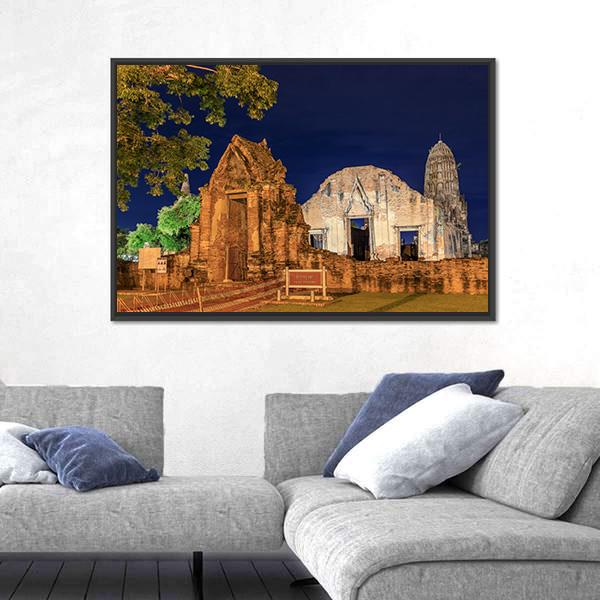 Wat Ratburana Temple At Night In Thailand Canvas Wall Art-3 Horizontal-Gallery Wrap-25" x 16"-Tiaracle