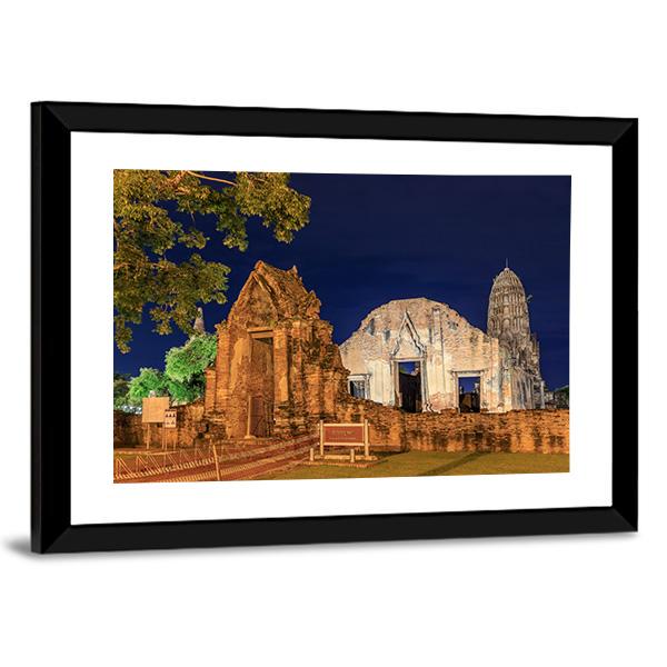 Wat Ratburana Temple At Night In Thailand Canvas Wall Art-3 Horizontal-Gallery Wrap-25" x 16"-Tiaracle