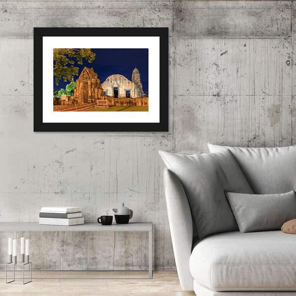 Wat Ratburana Temple At Night In Thailand Canvas Wall Art-3 Horizontal-Gallery Wrap-25" x 16"-Tiaracle