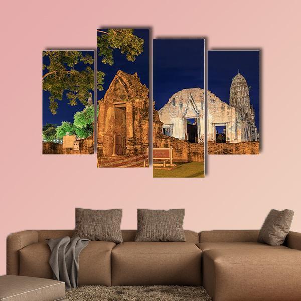 Wat Ratburana Temple At Night In Thailand Canvas Wall Art-4 Pop-Gallery Wrap-50" x 32"-Tiaracle