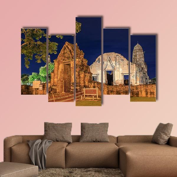 Wat Ratburana Temple At Night In Thailand Canvas Wall Art-5 Pop-Gallery Wrap-47" x 32"-Tiaracle