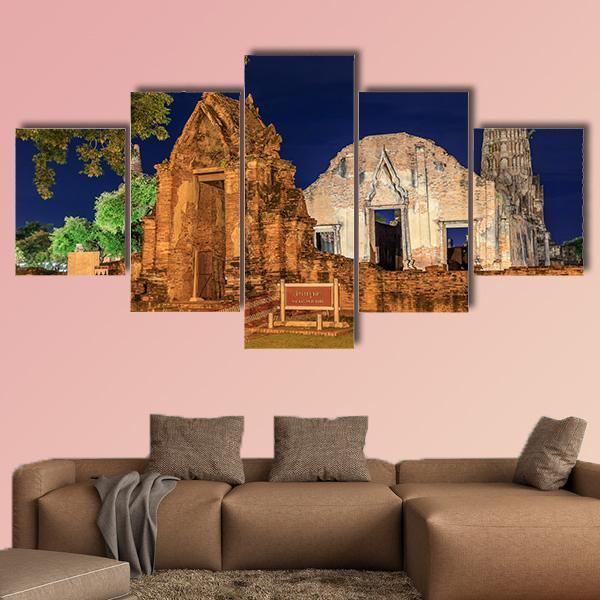Wat Ratburana Temple At Night In Thailand Canvas Wall Art-5 Star-Gallery Wrap-62" x 32"-Tiaracle