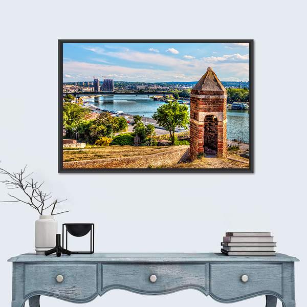 Brick Watchtower at Kalemegdan Fortress Canvas Wall Art in brown, green and blue, framed canvas, product view on a white background