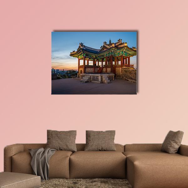 Watchtower at Hwaseong Fortress Canvas Wall Art in brown, orange and blue, single panel hung on a wall