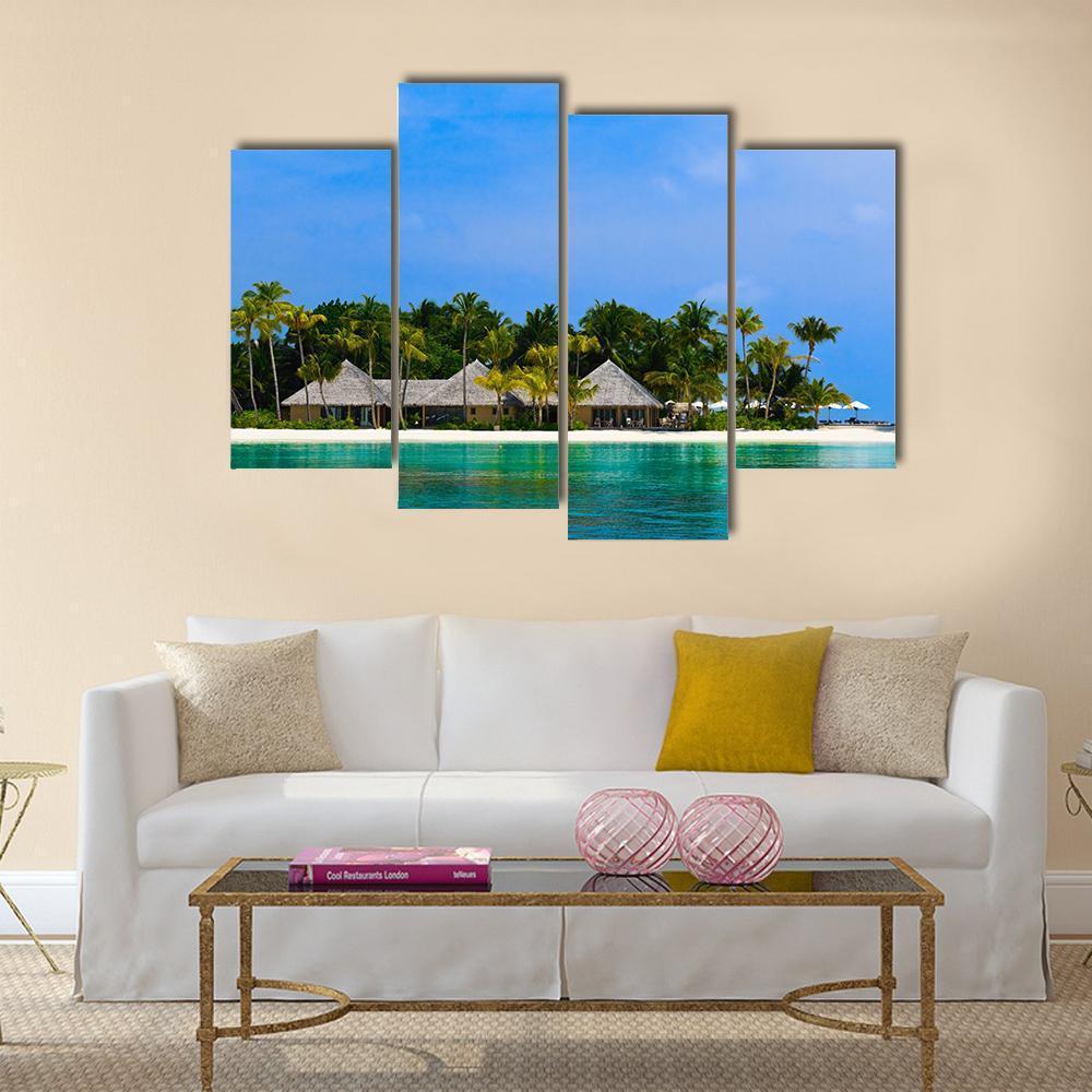 Water Bungalows On A Tropical Island Canvas Wall Art-4 Pop-Gallery Wrap-50" x 32"-Tiaracle