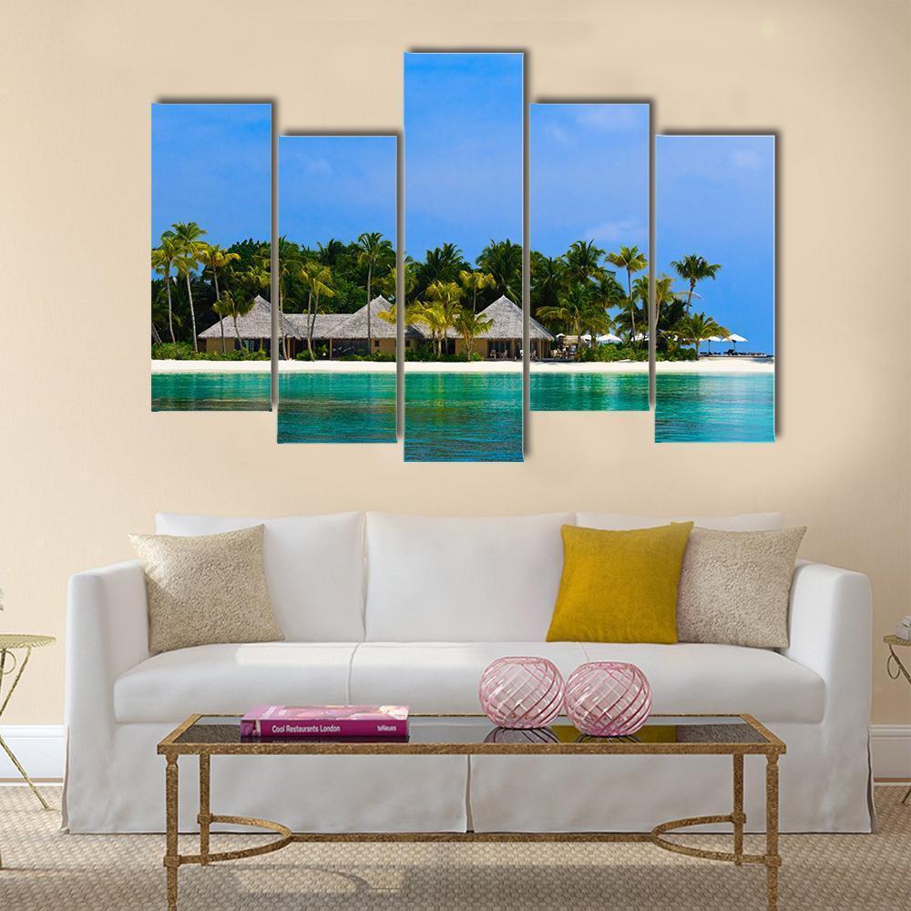 Water Bungalows On A Tropical Island Canvas Wall Art-5 Pop-Gallery Wrap-47" x 32"-Tiaracle