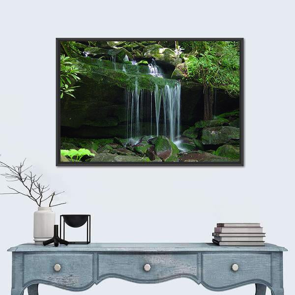 Water Fall Flows On A Rock Ledge Canvas Wall Art-1 Piece-Floating Frame-24" x 16"-Tiaracle