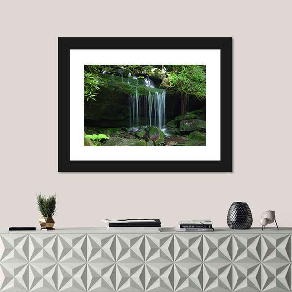 Water Fall Flows On A Rock Ledge Canvas Wall Art-1 Piece-Framed Print-20" x 16"-Tiaracle