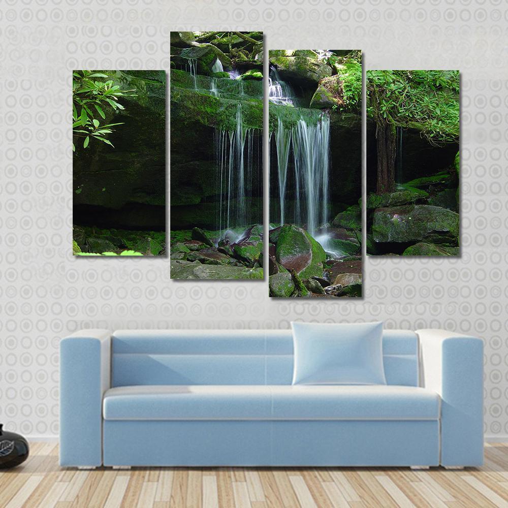 Water Fall Flows On A Rock Ledge Canvas Wall Art-4 Pop-Gallery Wrap-50" x 32"-Tiaracle