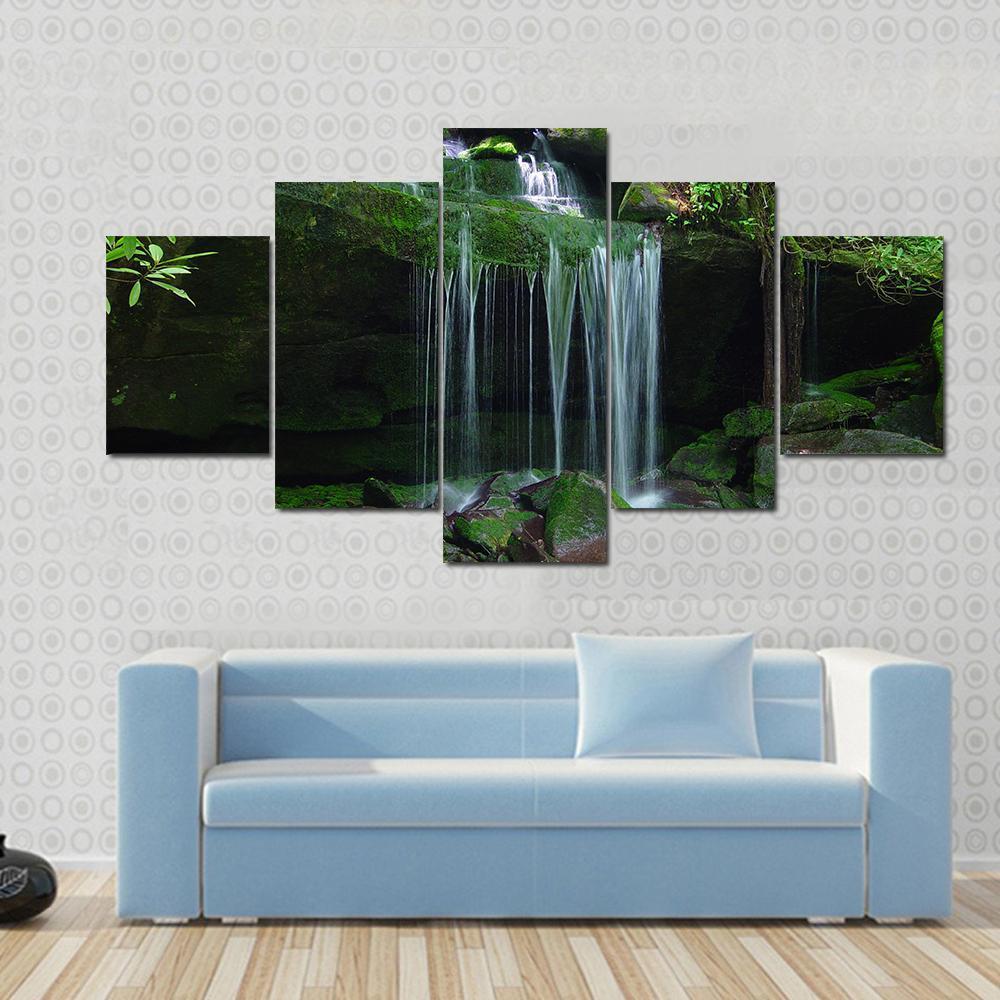 Water Fall Flows On A Rock Ledge Canvas Wall Art-5 Star-Gallery Wrap-62" x 32"-Tiaracle