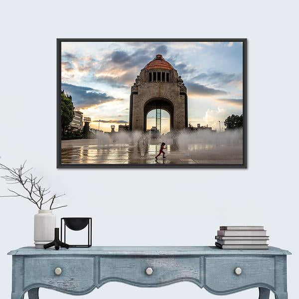 Water Fountain In Front Of Monument To The Mexican Revolution Canvas Wall Art-1 Piece-Floating Frame-24" x 16"-Tiaracle