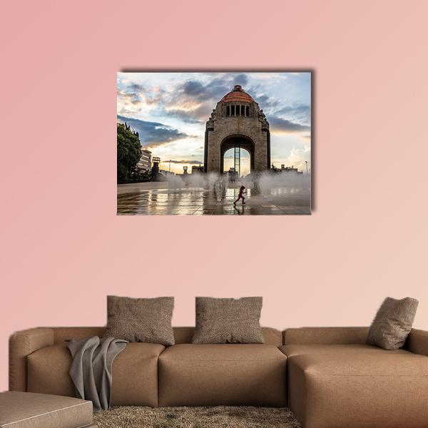 Fountain at Monument to the Mexican Revolution Canvas Wall Art in gray, brown and blue, single panel hung on a wall