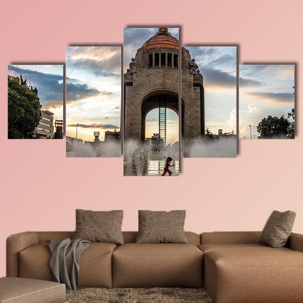 Water Fountain In Front Of Monument To The Mexican Revolution Canvas Wall Art-5 Star-Gallery Wrap-62" x 32"-Tiaracle