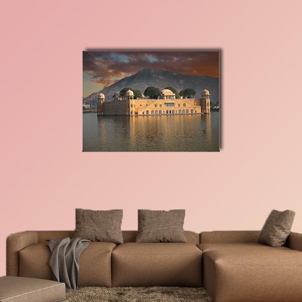 Water Palace at Sunset Canvas Wall Art in brown, gold and orange, single panel hung on a wall