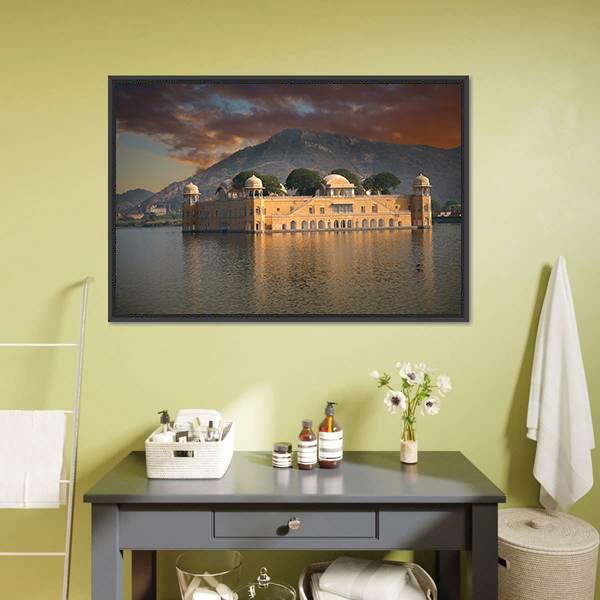 Water Palace In Jaipur Canvas Wall Art-1 Piece-Floating Frame-24" x 16"-Tiaracle