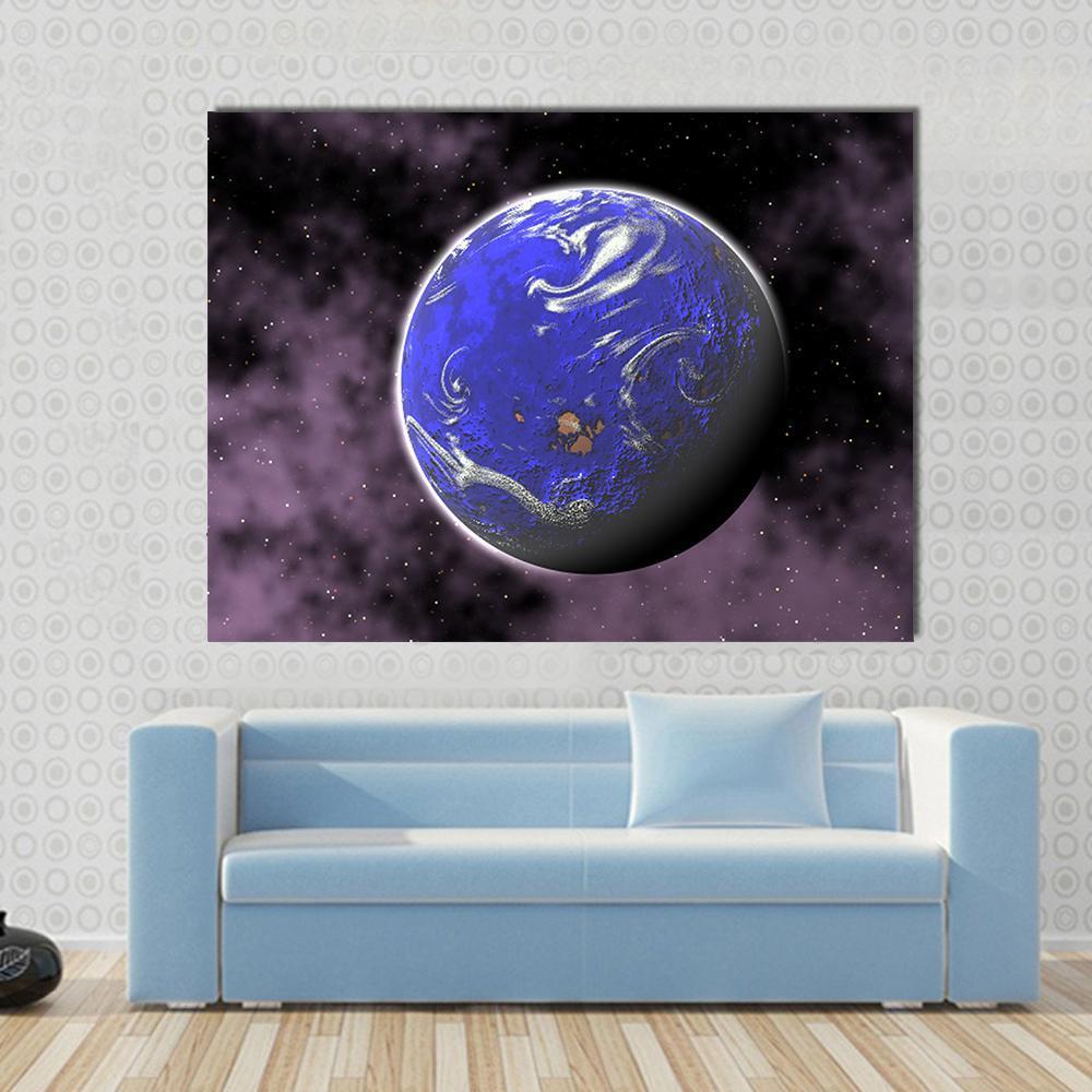 Water Planet in Deep Space Canvas Wall Art in black, blue and purple, single panel hung on a wall