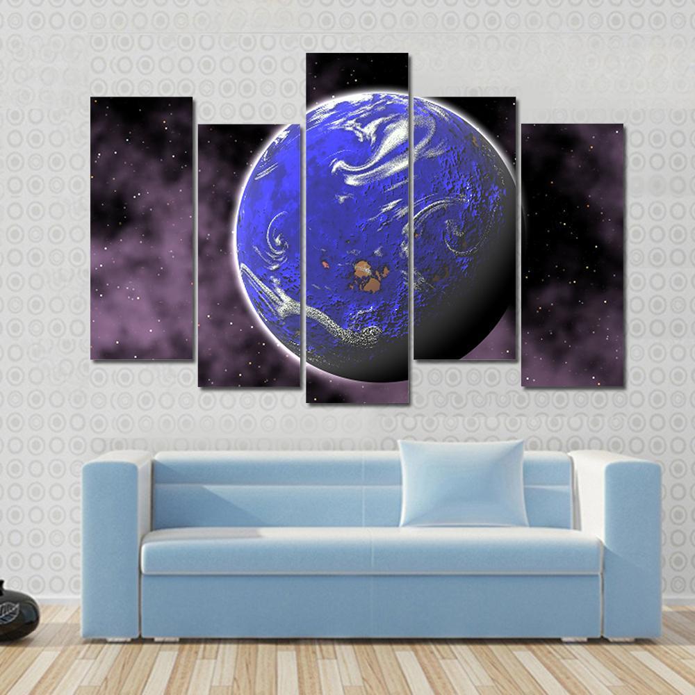 Water Planet In Deep Space Canvas Wall Art-5 Pop-Gallery Wrap-47" x 32"-Tiaracle